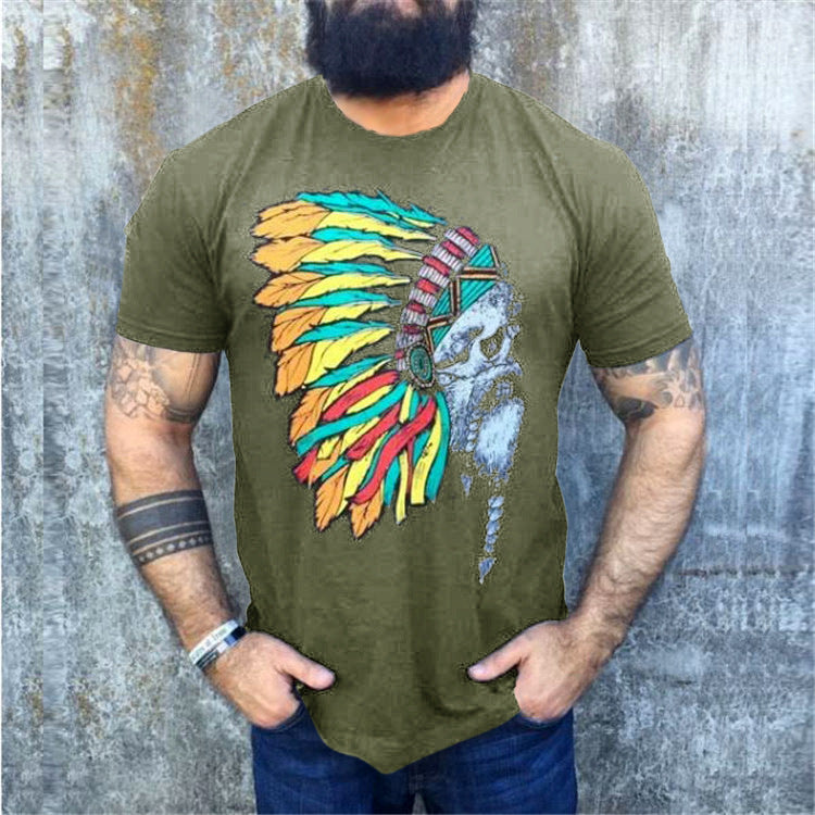 Herren T-Shirt mit auffälligem Totenkopf- und Federschmuck-Print Shop Nory