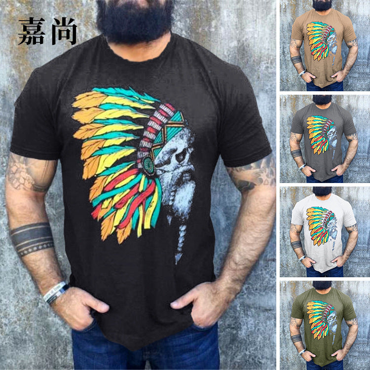 Herren T-Shirt mit auffälligem Totenkopf- und Federschmuck-Print Shop Nory