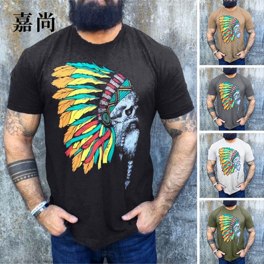 Herren T-Shirt mit auffälligem Totenkopf- und Federschmuck-Print Shop Nory