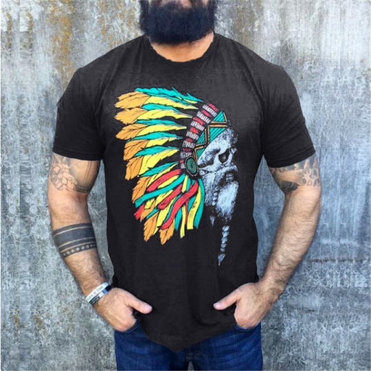 Herren T-Shirt mit auffälligem Totenkopf- und Federschmuck-Print Shop Nory