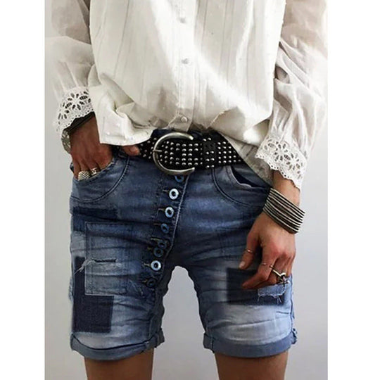 Damen Destroyed Denim-Shorts mit Knopfleiste