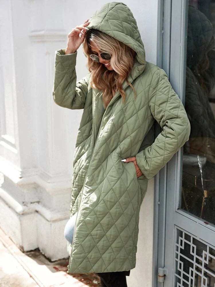 Kapuzen-Daunenjacke für Damen - lange gep quiltete Jacke