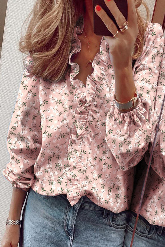 Bluse mit langen Ärmeln V-Ausschnitt und Rüschen