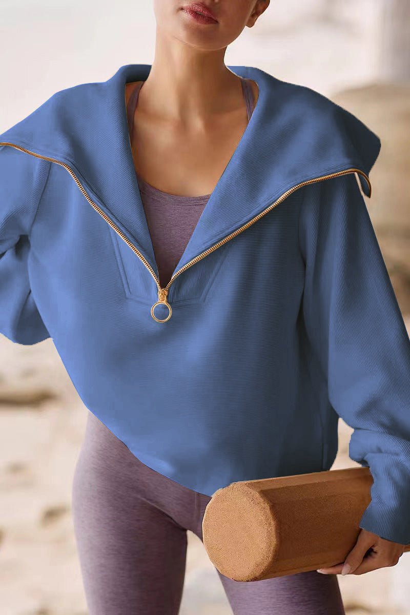 Shopnory | Eleganter Damen-Pullover mit Umlegekragen und Halbem Reißverschluss