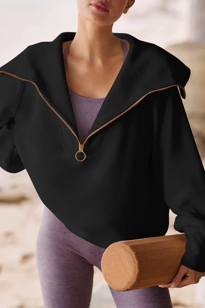 Shopnory | Eleganter Damen-Pullover mit Umlegekragen und Halbem Reißverschluss