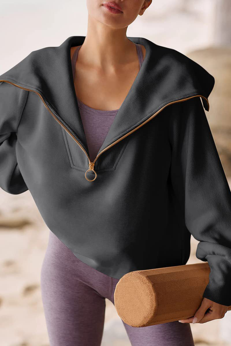 Shopnory | Eleganter Damen-Pullover mit Umlegekragen und Halbem Reißverschluss