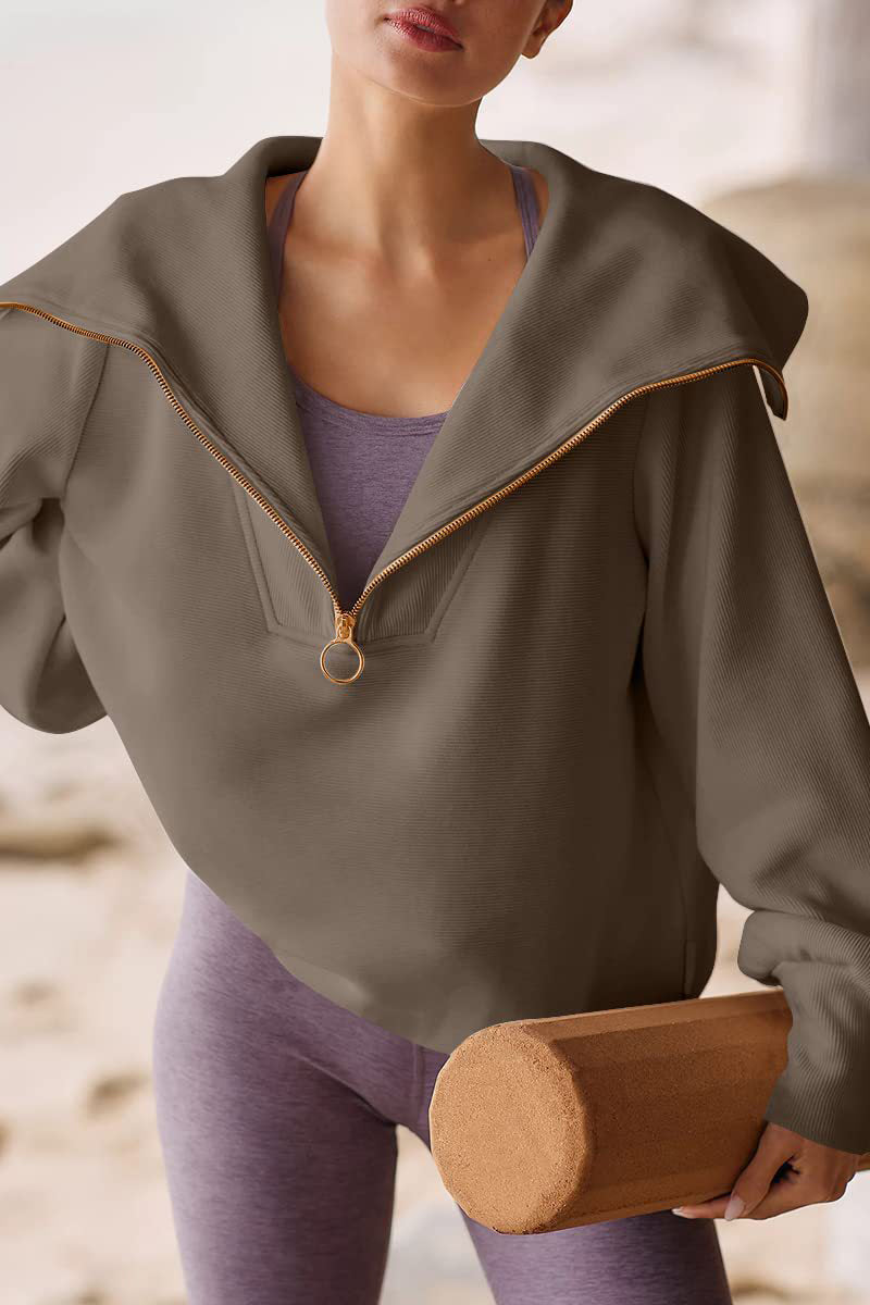 Shopnory | Eleganter Damen-Pullover mit Umlegekragen und Halbem Reißverschluss