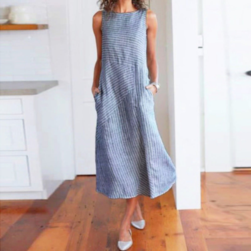 Damen Maxikleid mit Taillenbetonung und schrägem Streifenmuster
