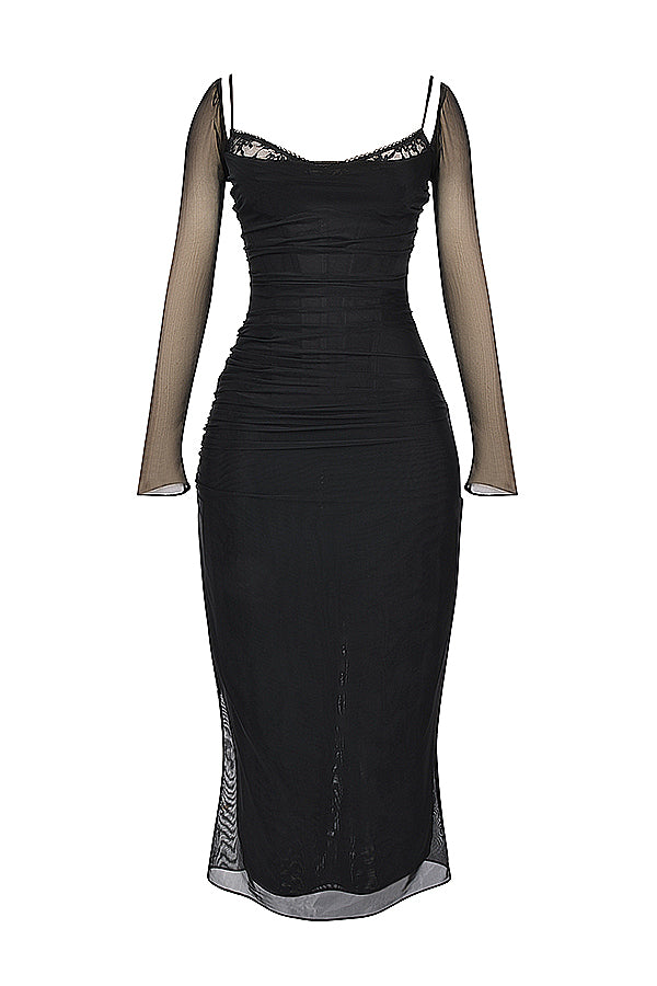 Elegantes Maxikleid mit tiefem Ausschnitt und langen Ärmeln