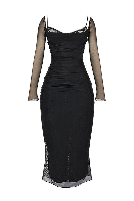 Elegantes Maxikleid mit tiefem Ausschnitt und langen Ärmeln