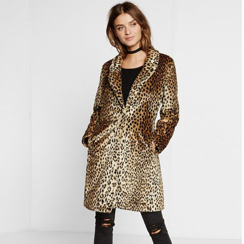 Damen Midilanger Faux‑Fur‑Mantel im Leopardenprint mit Reverskragen und Eingrifftaschen Shop Nory