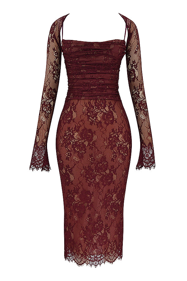 Midi Kleid aus Bordeauxrotem Spitze