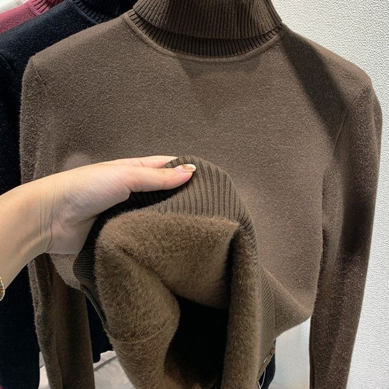 Damen-Strickpullover mit Innenfleece, hochgeschlossen