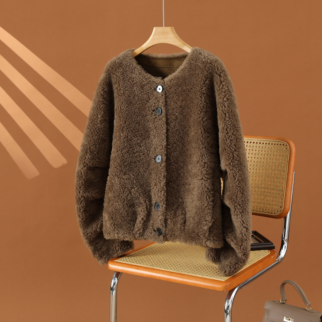Damen-Lammfelljacke, 100% Schafwolle, lockerer Schnitt