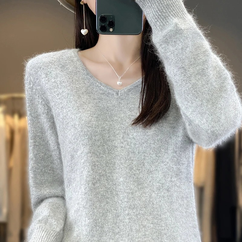 Pullover Damen V-ausschnitt Leichter und Weicher Strickpullover