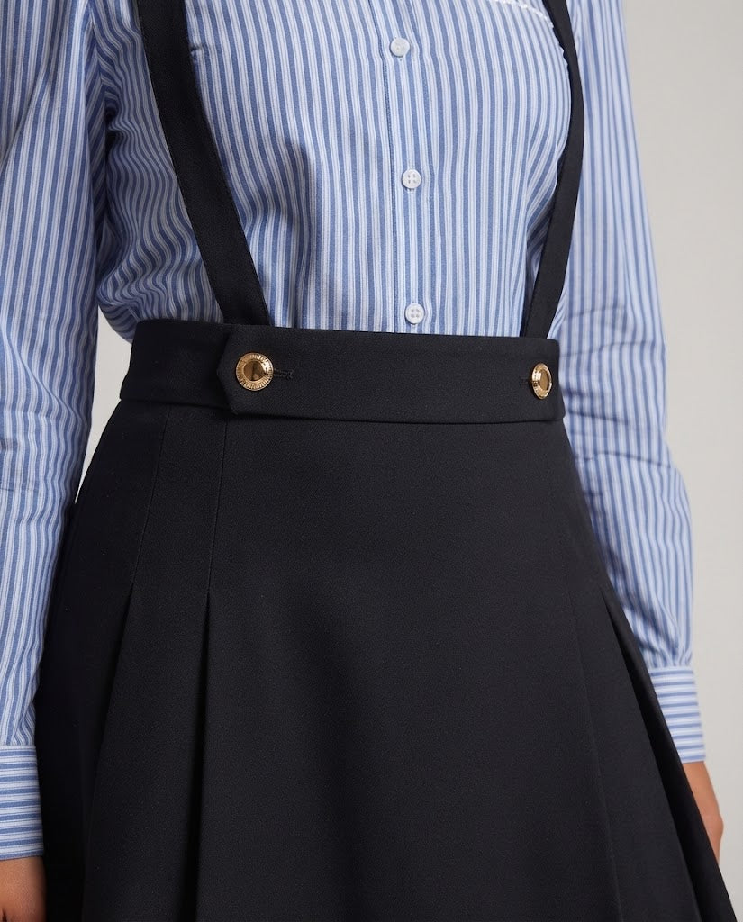 Damen Hochtaillierter A-Linien-Trägerrock mit goldfarbenen Knopfdetails und abnehmbaren Trägern Shop Nory