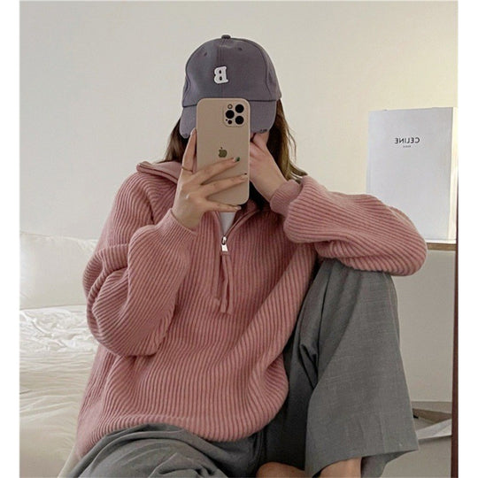 Damen-Strickpullover mit Reißverschluss, Rippstrick