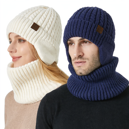Unisex Strickmütze und Schal Set, warm, mit Ohrenschutz