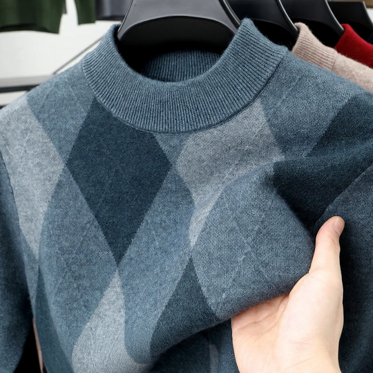 Herren-Wollpullover, kariert, Stehkragen, extra warm