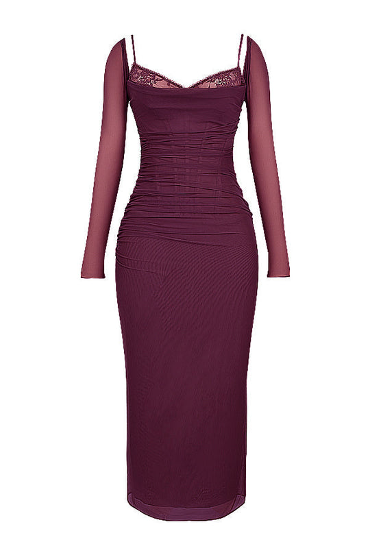 Elegantes Maxikleid mit tiefem Ausschnitt und langen Ärmeln