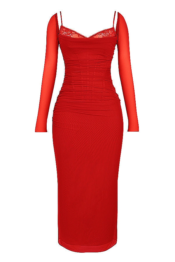 Elegantes Maxikleid mit tiefem Ausschnitt und langen Ärmeln