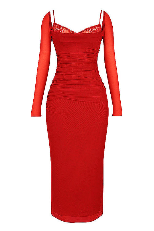 Elegantes Maxikleid mit tiefem Ausschnitt und langen Ärmeln