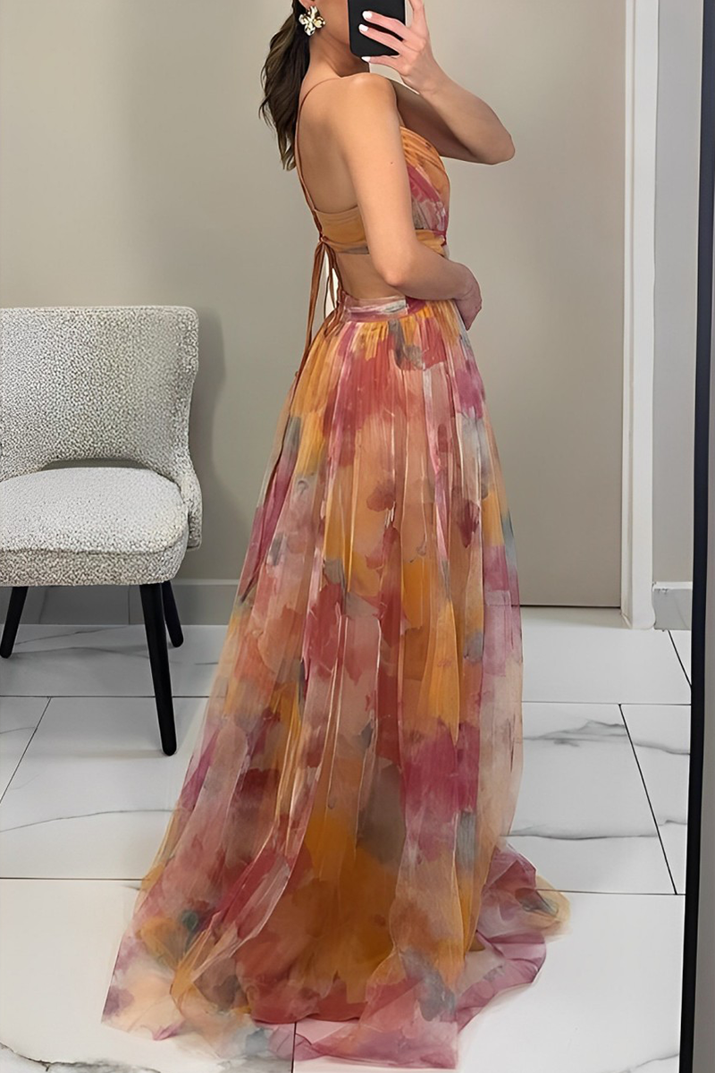 Sexy Gradient Print Rückenfrei Kontrast V-Ausschnitt Lange Kleider