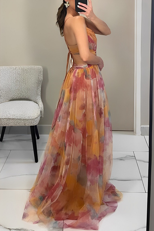 Sexy Gradient Print Rückenfrei Kontrast V-Ausschnitt Lange Kleider