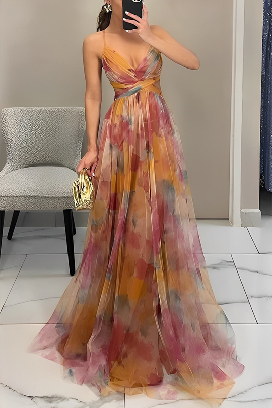 Sexy Gradient Print Rückenfrei Kontrast V-Ausschnitt Lange Kleider