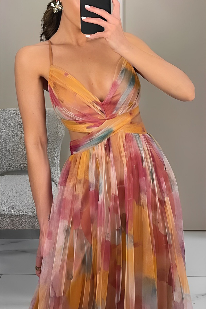 Sexy Gradient Print Rückenfrei Kontrast V-Ausschnitt Lange Kleider