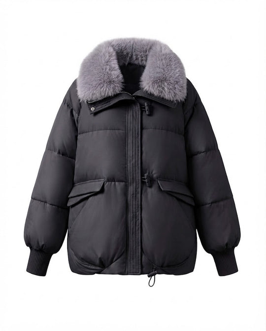 Damen moderne oversized Pufferjacke mit voluminösem Teddy-Kragen, verdecktem Zwei-Wege-Reißverschluss und verstellbarem Saum