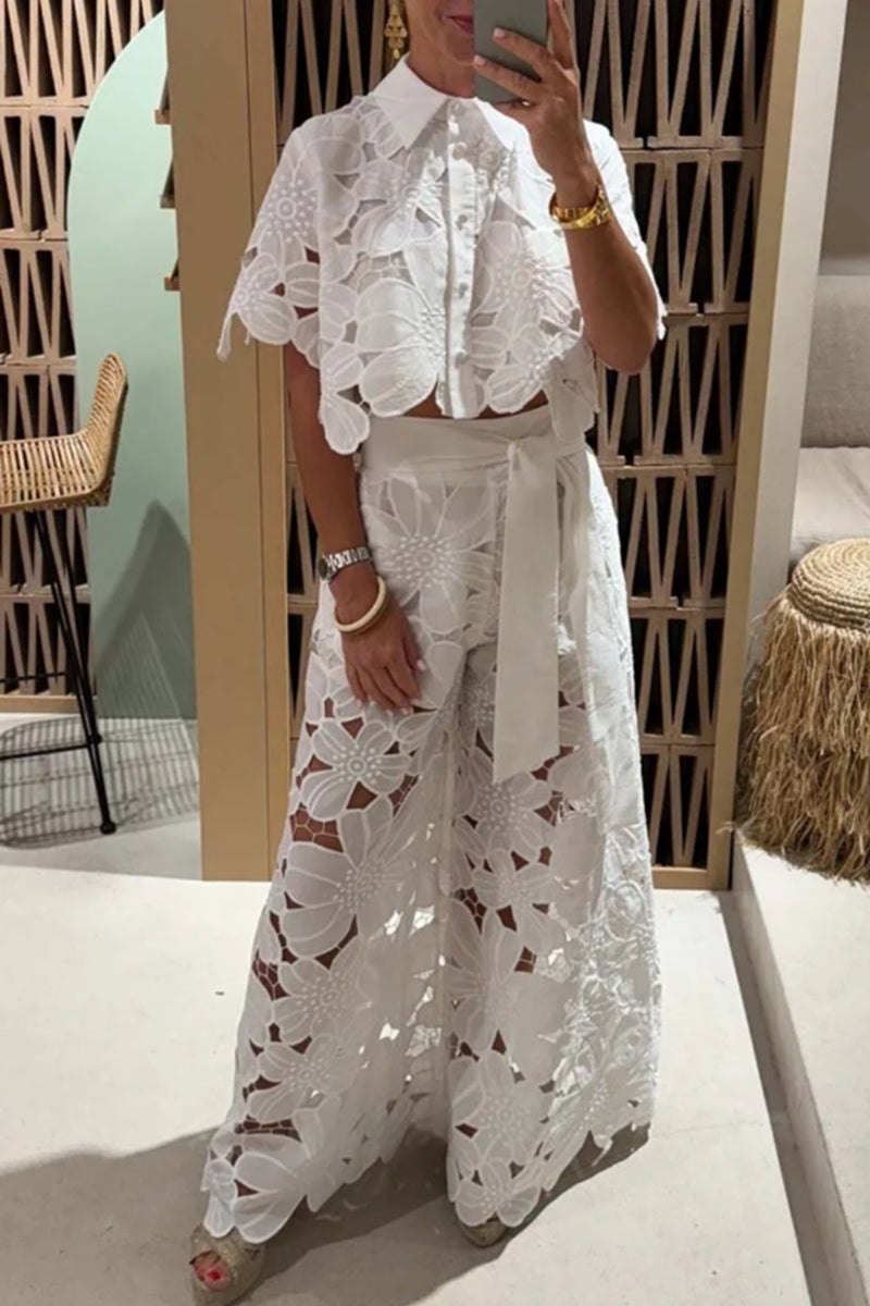 Lässig Ausgeschnittene Knöpfe Umgeschlagener Kragen Halbärmel Zwei Stücke- 5 Farben