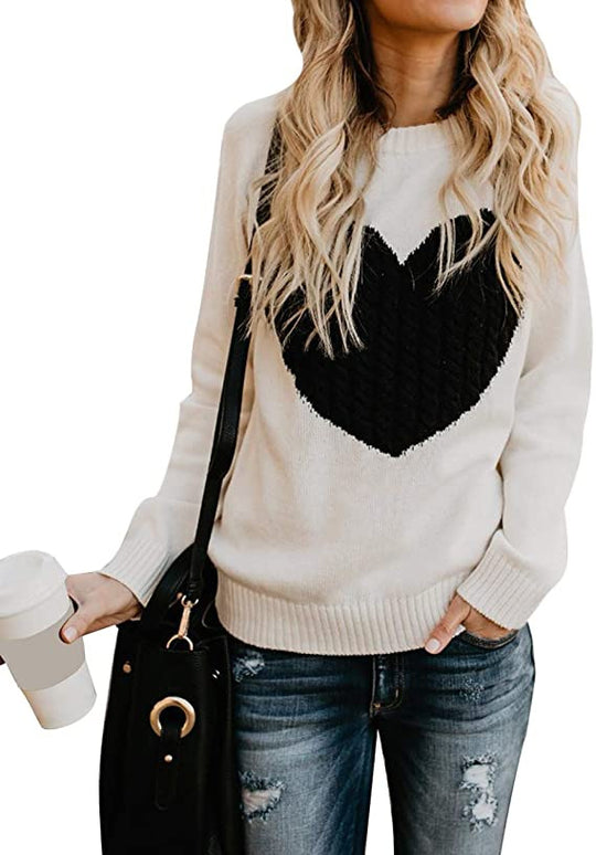 Damen Strickpullover mit Herzapplikation, Rippbündchen und legerer Passform Shop Nory