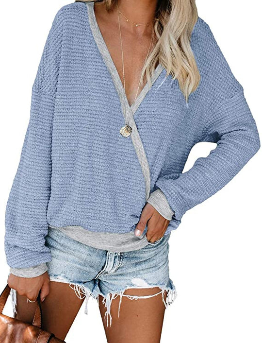 Damen Lockerer Waffelstrick-Pullover mit tiefem V-Ausschnitt und Lagen‑Look Shop Nory