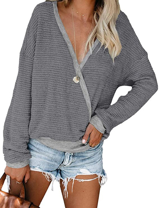 Damen Lockerer Waffelstrick-Pullover mit tiefem V-Ausschnitt und Lagen‑Look Shop Nory