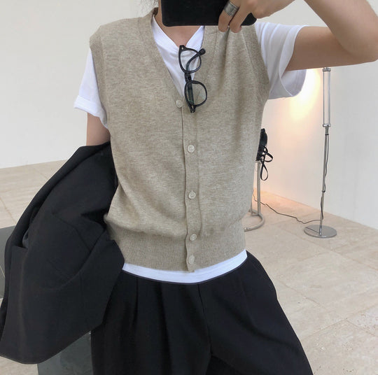 Damen Ärmellose Feinstrickweste mit Knopfleiste und Rippbündchen Shop Nory