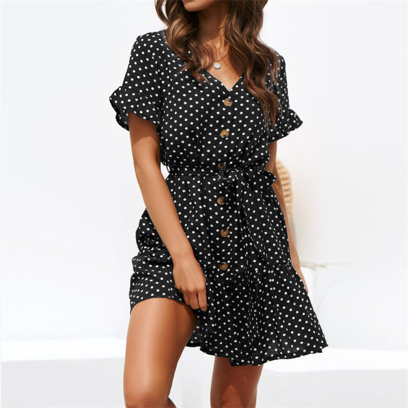 Damen Polka-Dots Kleid mit Schritt-für-Schritt Knopfverschluss und taillierendem Gürtel