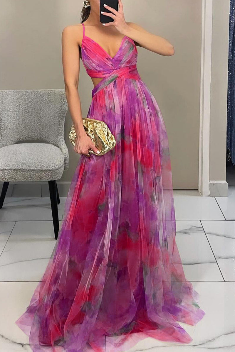 Sexy Gradient Print Rückenfrei Kontrast V-Ausschnitt Lange Kleider