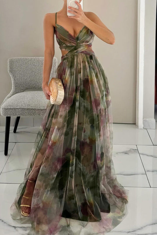 Sexy Gradient Print Rückenfrei Kontrast V-Ausschnitt Lange Kleider