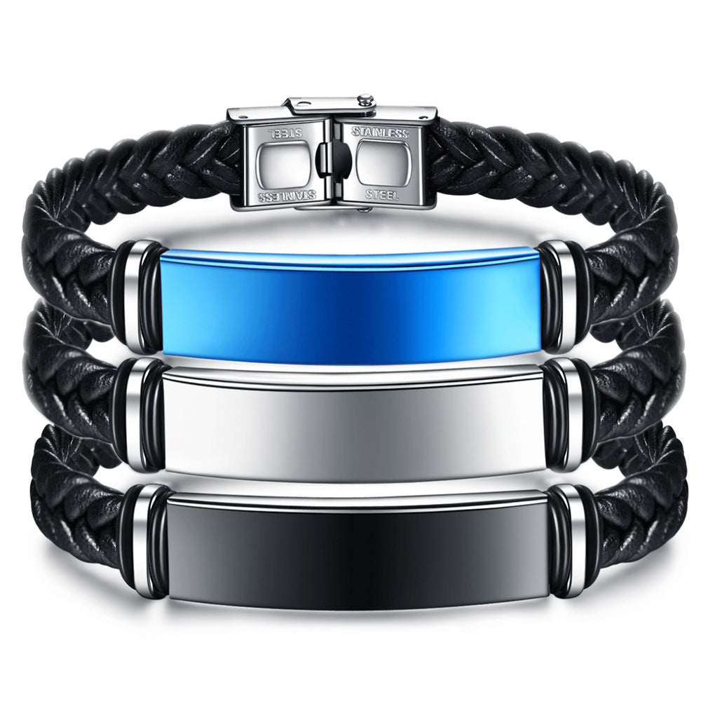 Herren geflochtenes Edelstahlarmband mit personalisierbarem Blauen Plättchen Shop Nory