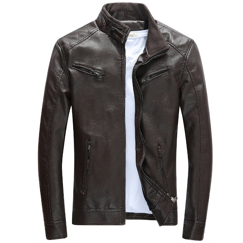 Herren Lederimitat-Bikerjacke mit Stehkragen, Reißverschlusstaschen und schlanker Passform Shop Nory
