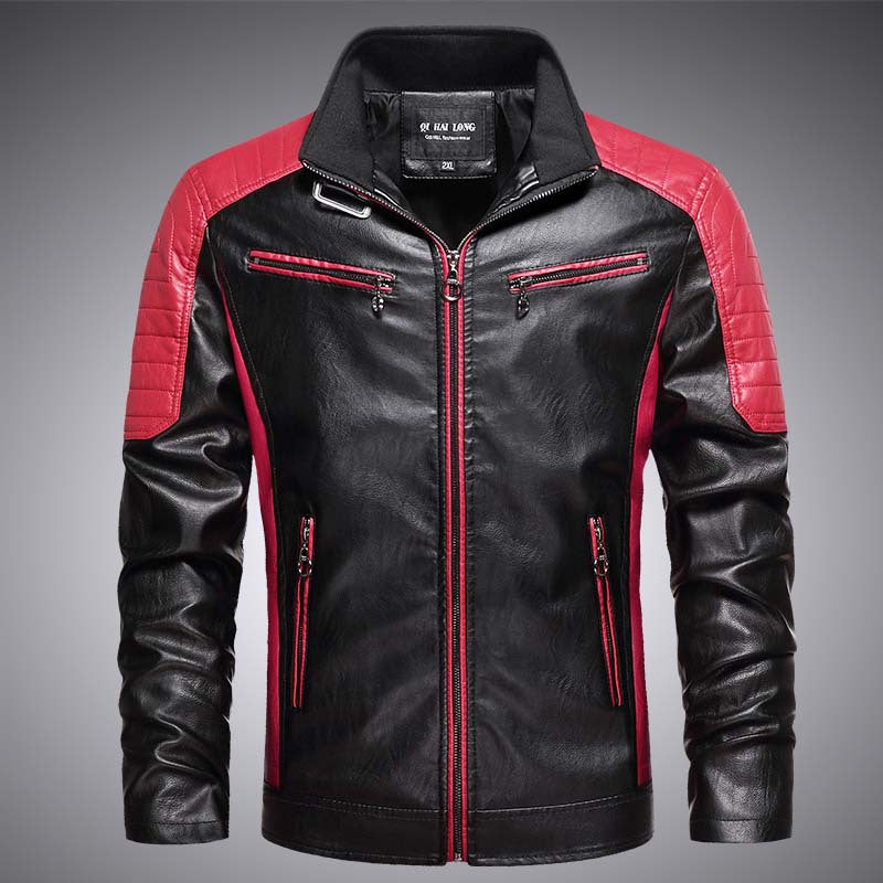 Herren Kunstleder-Bikerjacke im Retro-Racer-Stil mit gesteppter Schulterpanele und Kontrastbesatz Shop Nory