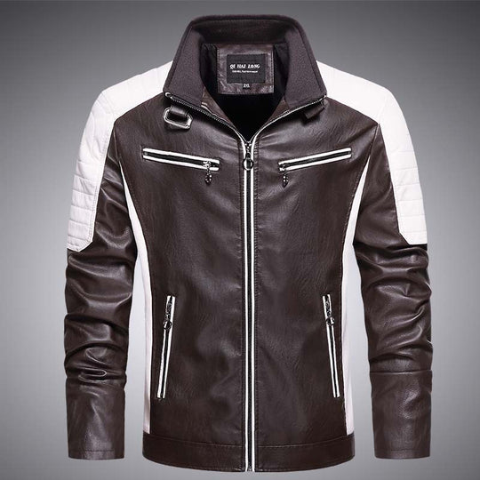 Herren Kunstleder-Bikerjacke im Retro-Racer-Stil mit gesteppter Schulterpanele und Kontrastbesatz Shop Nory