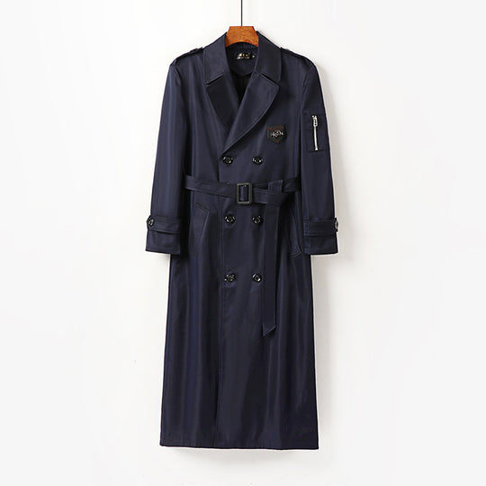 Herren Langer Doppelreihiger Trenchcoat mit Gürtel, Epauletten und Reißverschluss-Ärmeltasche Shop Nory