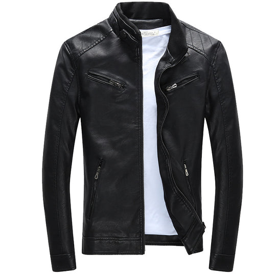 Herren Lederimitat-Bikerjacke mit Stehkragen, Reißverschlusstaschen und schlanker Passform Shop Nory