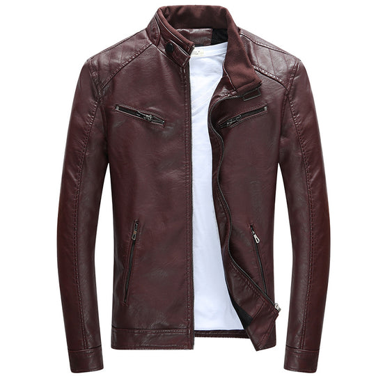 Herren Lederimitat-Bikerjacke mit Stehkragen, Reißverschlusstaschen und schlanker Passform Shop Nory