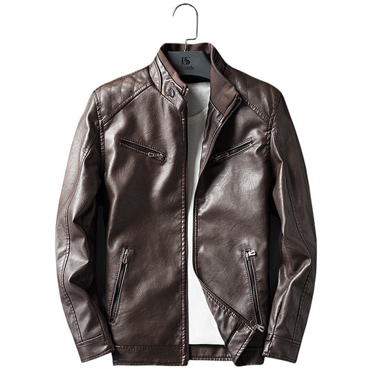 Herren Lederimitat-Bikerjacke mit Stehkragen, Reißverschlusstaschen und schlanker Passform Shop Nory