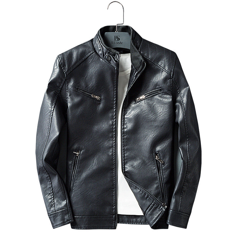 Herren Lederimitat-Bikerjacke mit Stehkragen, Reißverschlusstaschen und schlanker Passform Shop Nory