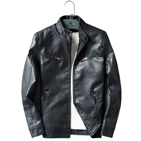 Herren Lederimitat-Bikerjacke mit Stehkragen, Reißverschlusstaschen und schlanker Passform Shop Nory