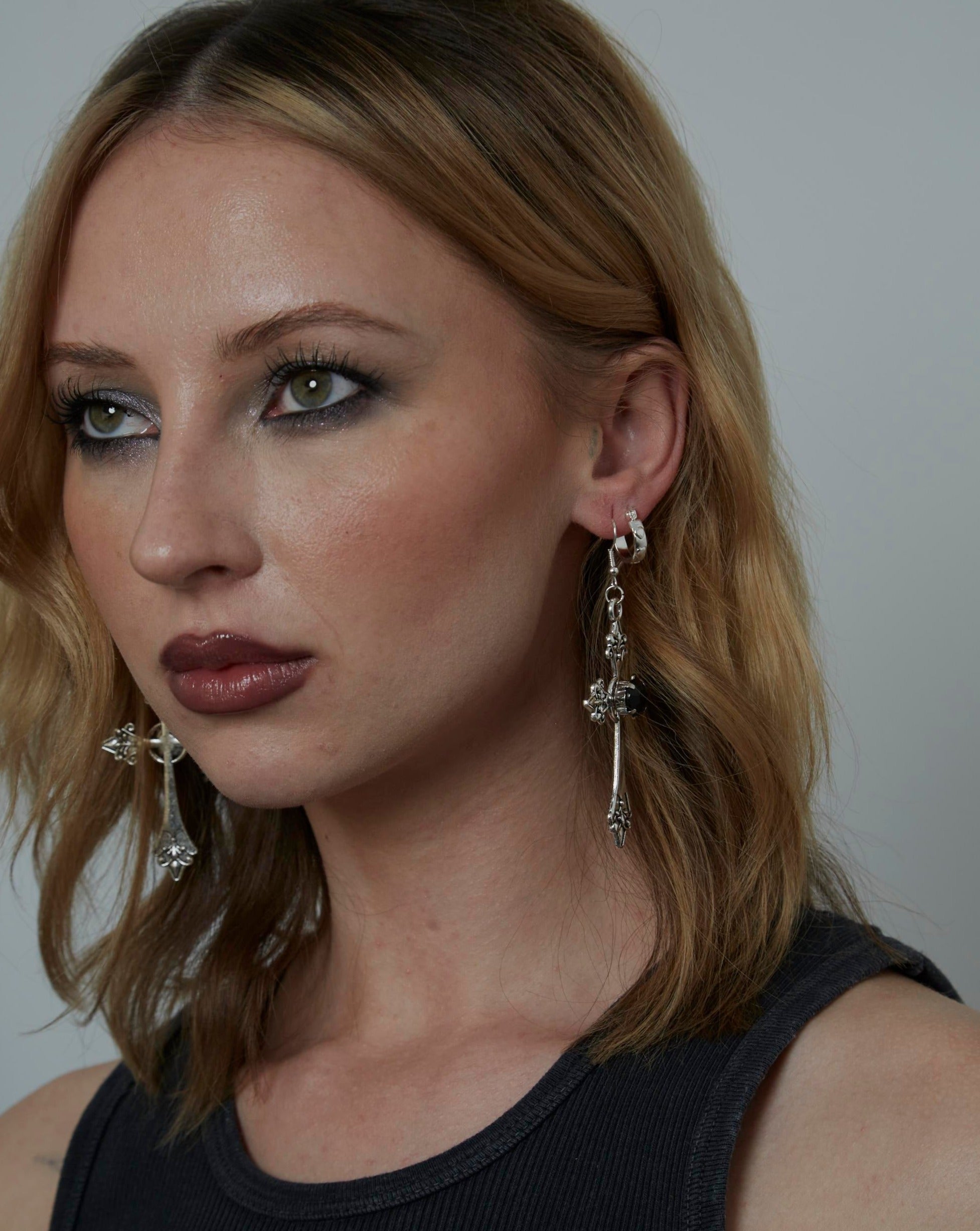 Large Silver Gothic Cross with Black Gemstone Charm Earrings | Shop Nory